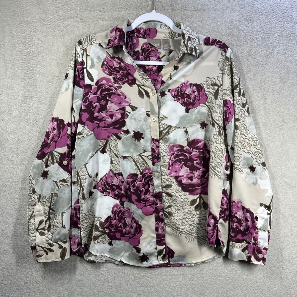 Chico's Floral Button Down Shirt Women Size M Purple Grey Long Sleeve Roll Tab